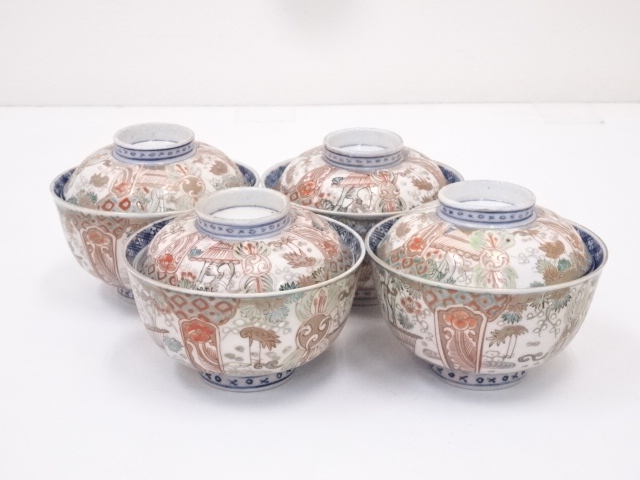 ANTIQUE JAPANESE IMARI / MEIJI ERA / LIDDED TEA BOWL SET OF 4  / BLUE & WHITE PORCELAIN